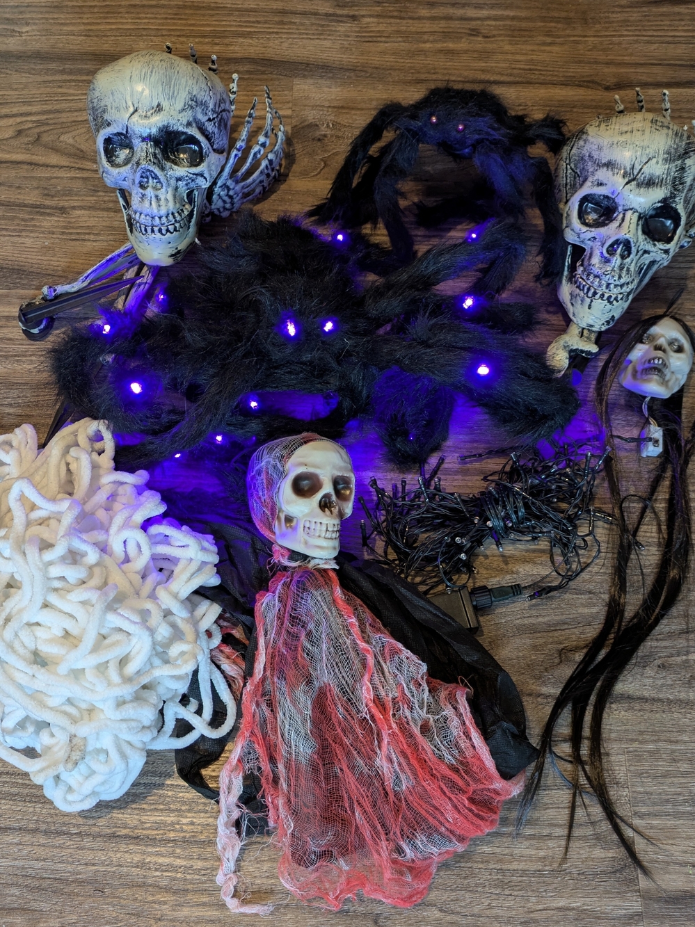 Large Lot Of Halloween Decor, 2 Spiders, Giant Web & 2 Skull/Hand Set & More
